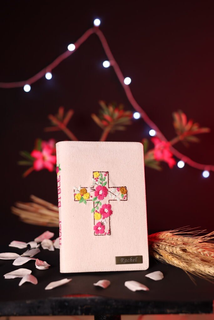 Personalised Blush Pink Floral Cross Bible with Custom Name