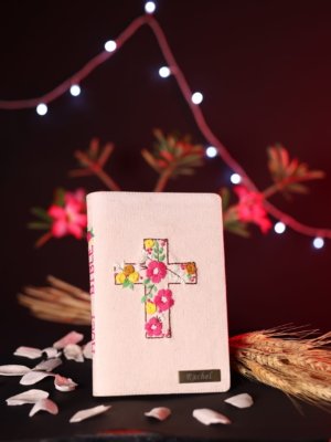 Personalised Blush Pink Floral Cross Bible with Custom Name
