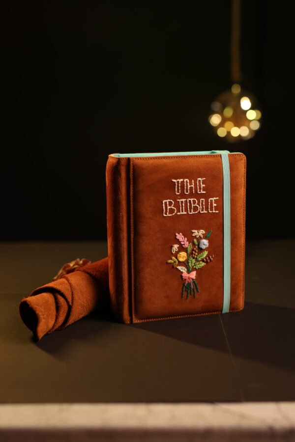 Rust Brown Floral Embroidered Bible with Elastic Closure
