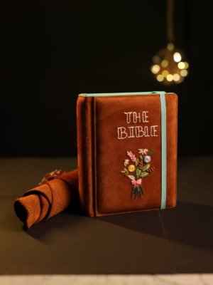 Rust Brown Floral Embroidered Bible with Elastic Closure